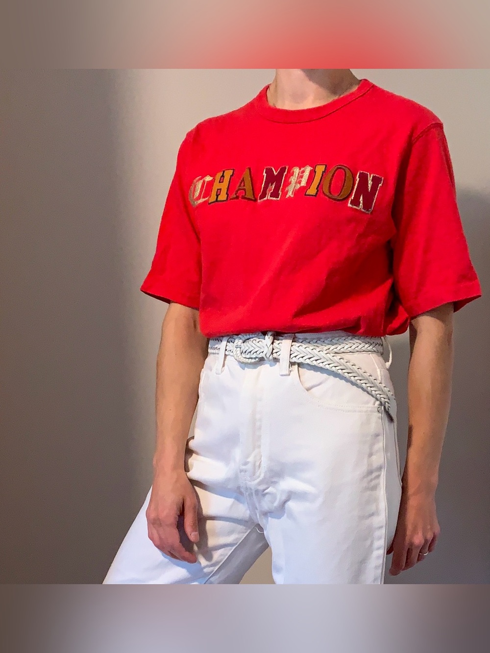 Vintage Champion Red Crewneck Tee with Velvet  Logo